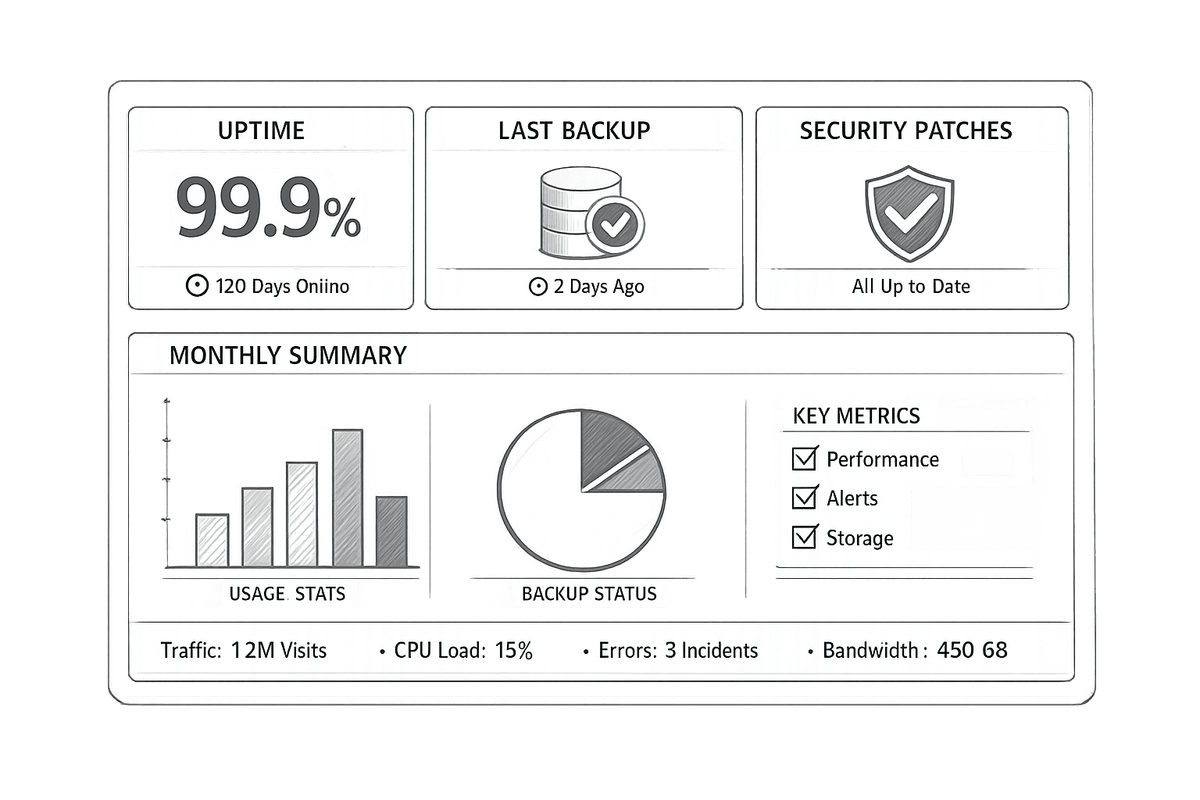 A maintenance dashboard showing uptime, last-backup time, security-patch status and a monthly performance summary.