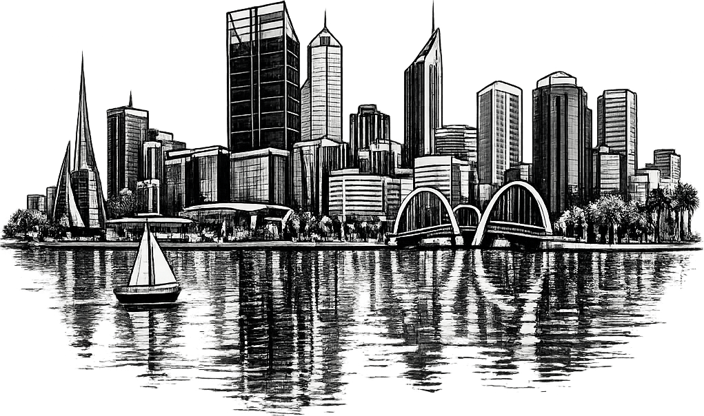 Black and white line-art of the Perth city skyline - towers, the Elizabeth Quay bridge, palm-lined waterfront, sailboat on calm water.