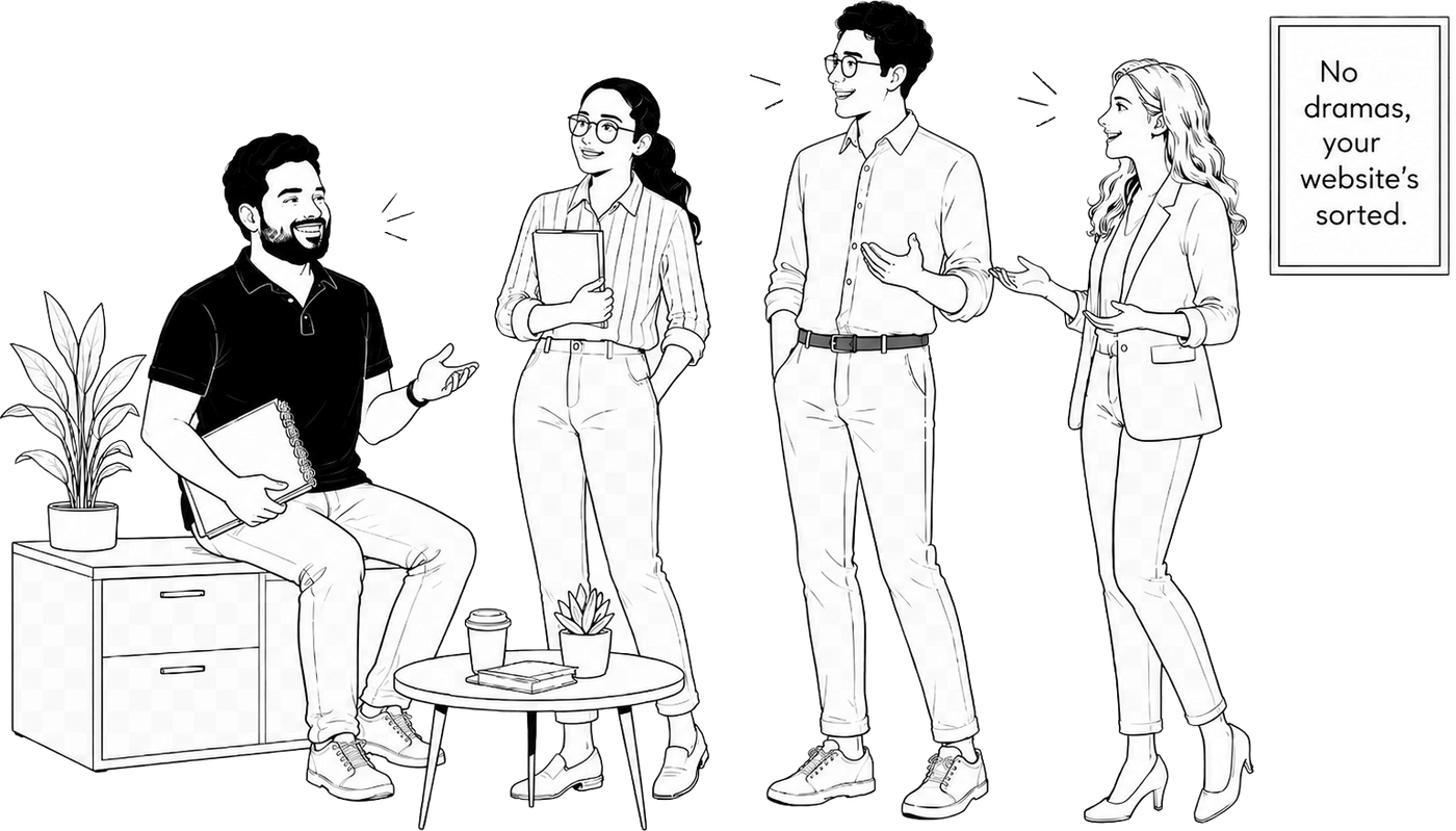 Black-and-white line-art of the CatalystHub team - four figures in conversation around a small studio, captioned ‘No dramas, your website's sorted.’