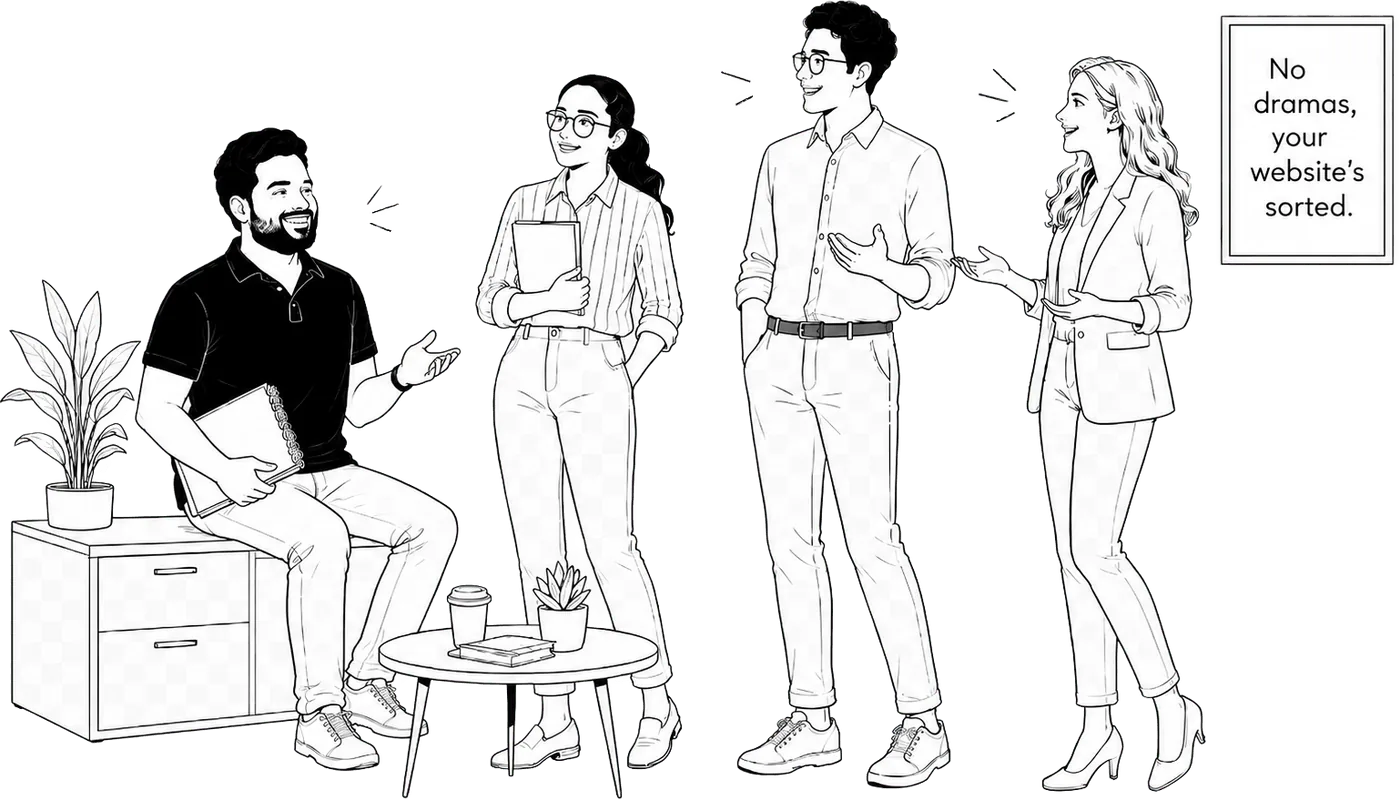 Black-and-white line-art of the CatalystHub team - four figures in conversation around a small studio, captioned ‘No dramas, your website's sorted.’