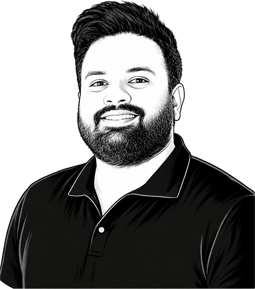 Black-and-white line-art portrait of Vish, founder of CatalystHub.