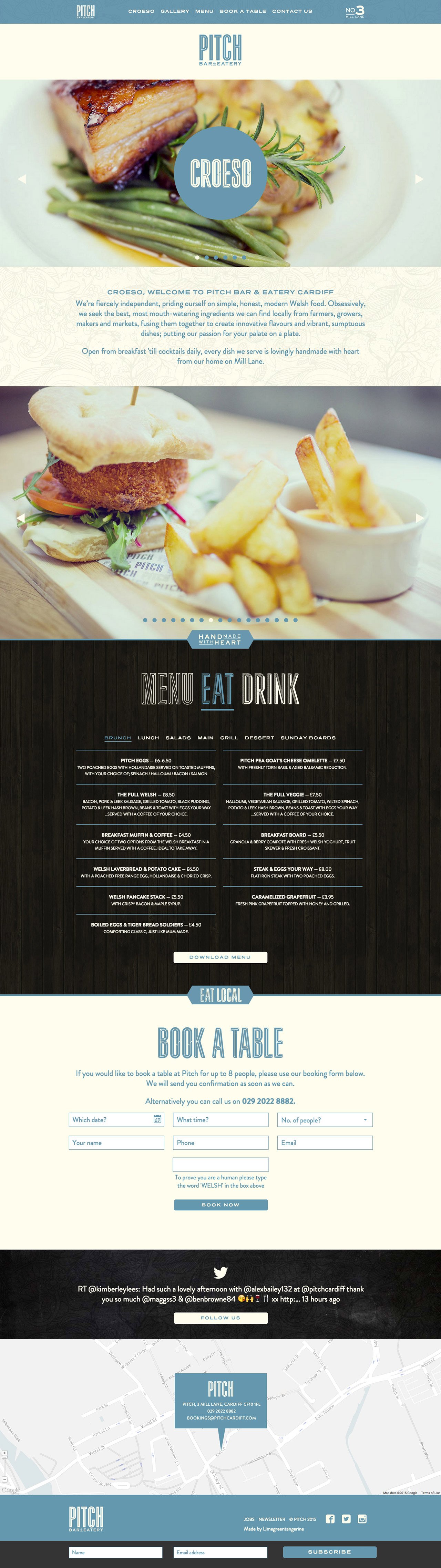 Full long-form preview of the Pitch bar & eatery website.