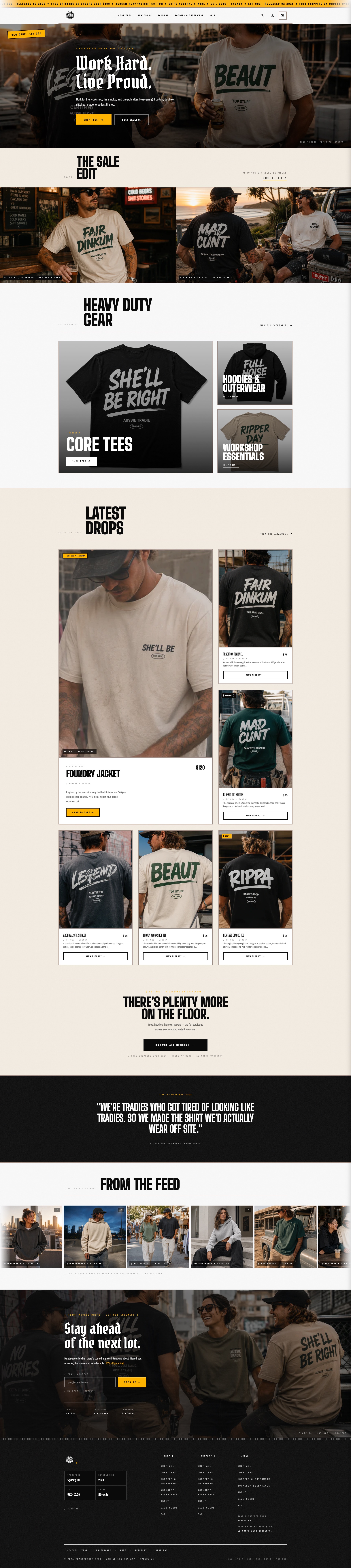 Full long-form preview of the TradieForce streetwear Shopify store.